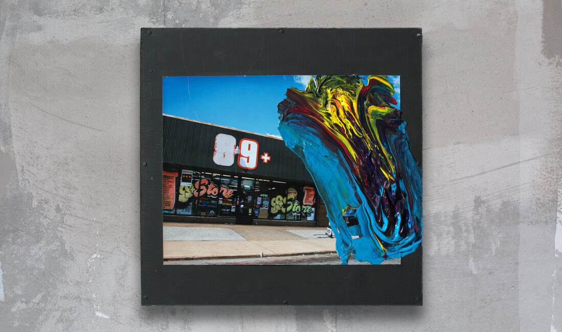 An artwork by artist Chris Aysele called 99plus Store, which is a digital photograph of an American 99 cent store painted over with colorful acrylic paint.